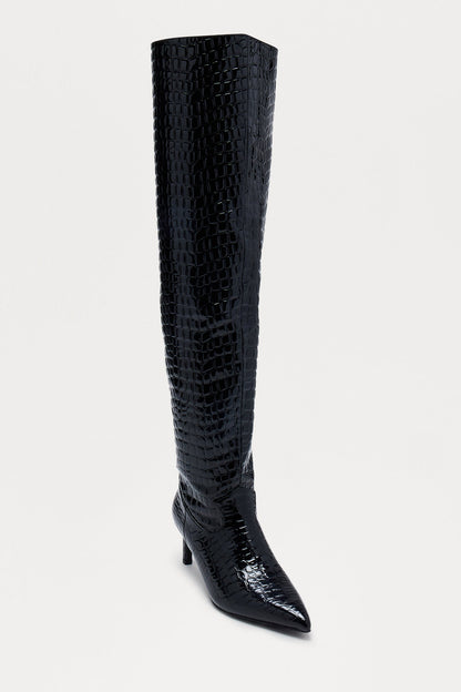 Snappy Croc Thigh High Boots - Black