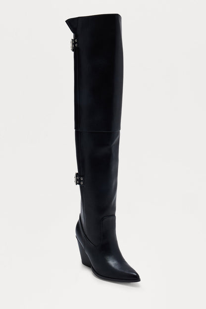 Sacha Buckle Thigh High Boots - Black