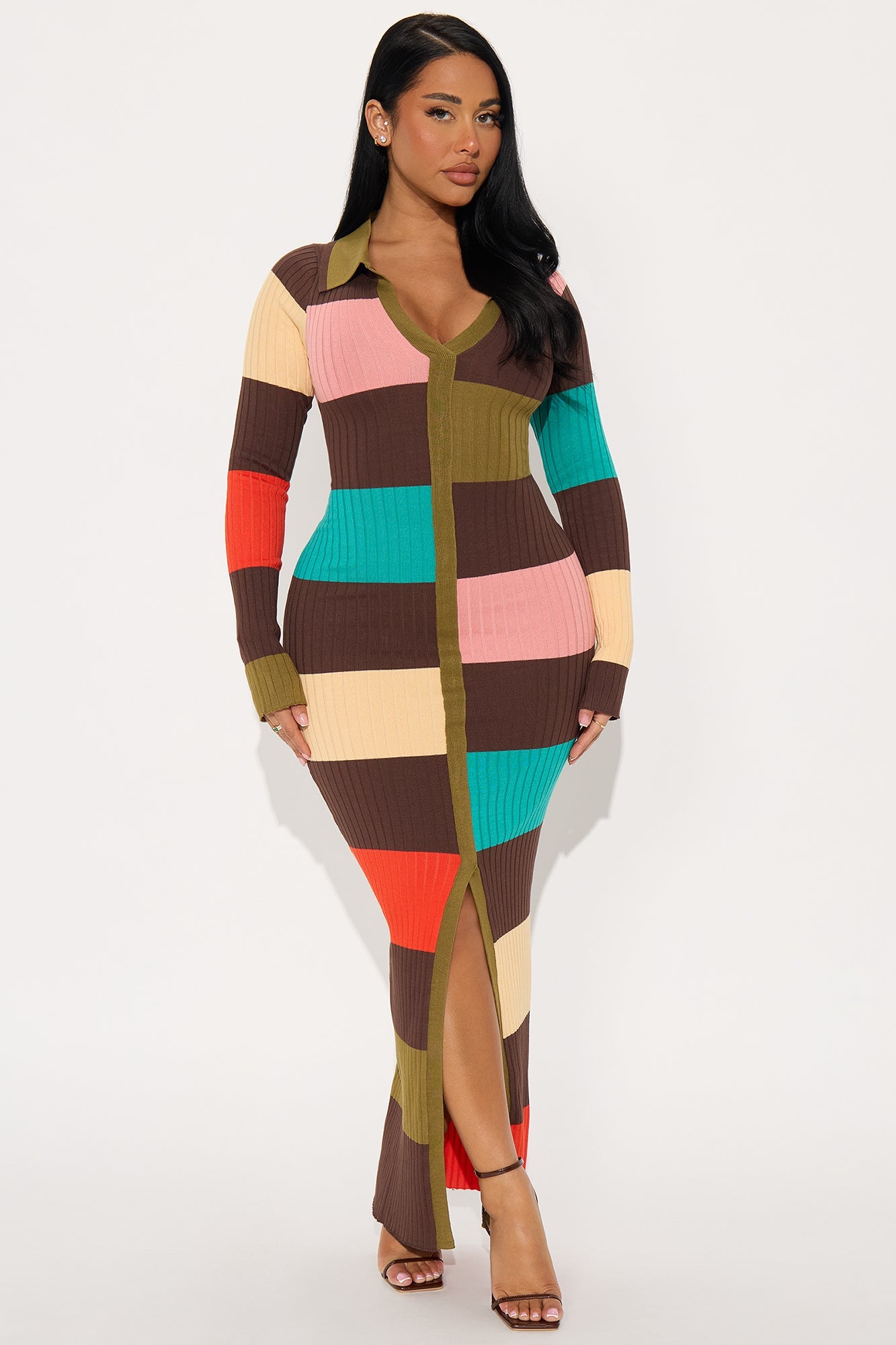 Rachel Collared Long Sleeve Maxi Dress - Brown/combo