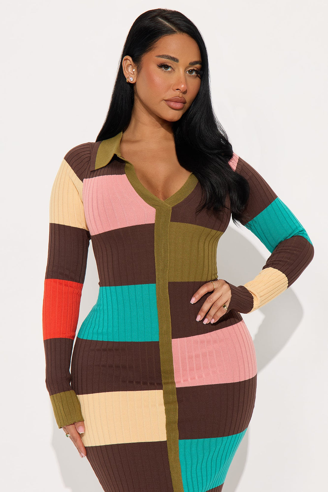 Rachel Collared Long Sleeve Maxi Dress - Brown/combo