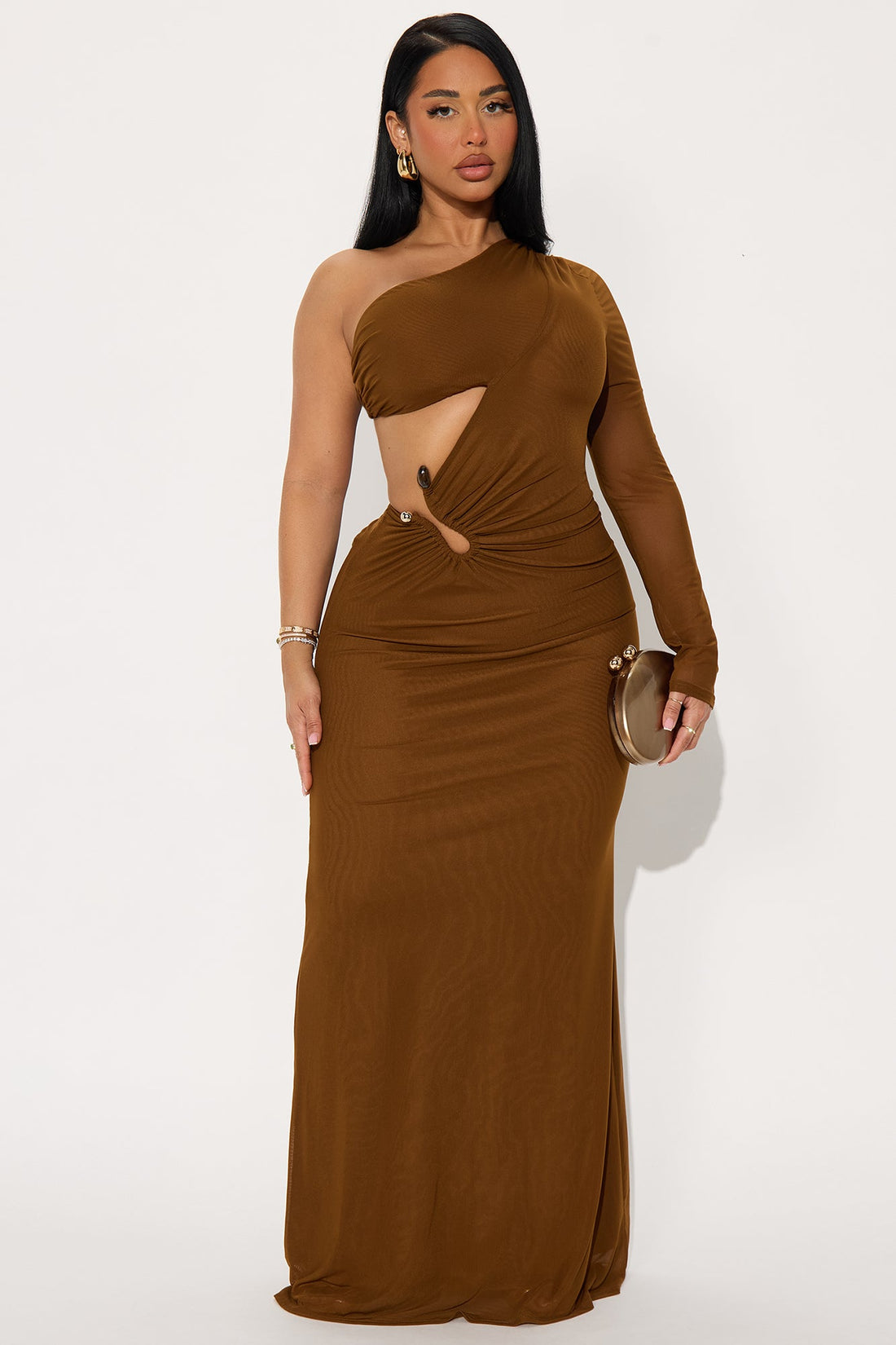 Jenna One Shoulder Sleeved Maxi Dress - Brown