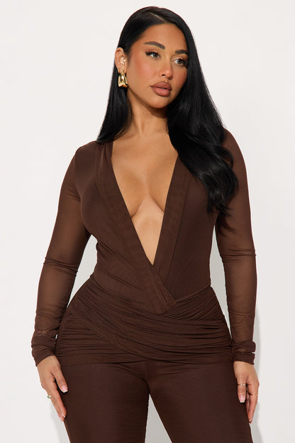 Wild Temptation Mesh Striaght Leg Jumpsuit - Chocolate