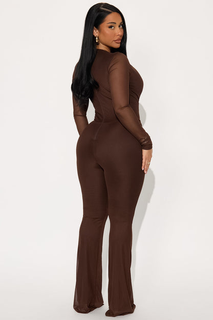 Wild Temptation Mesh Striaght Leg Jumpsuit - Chocolate