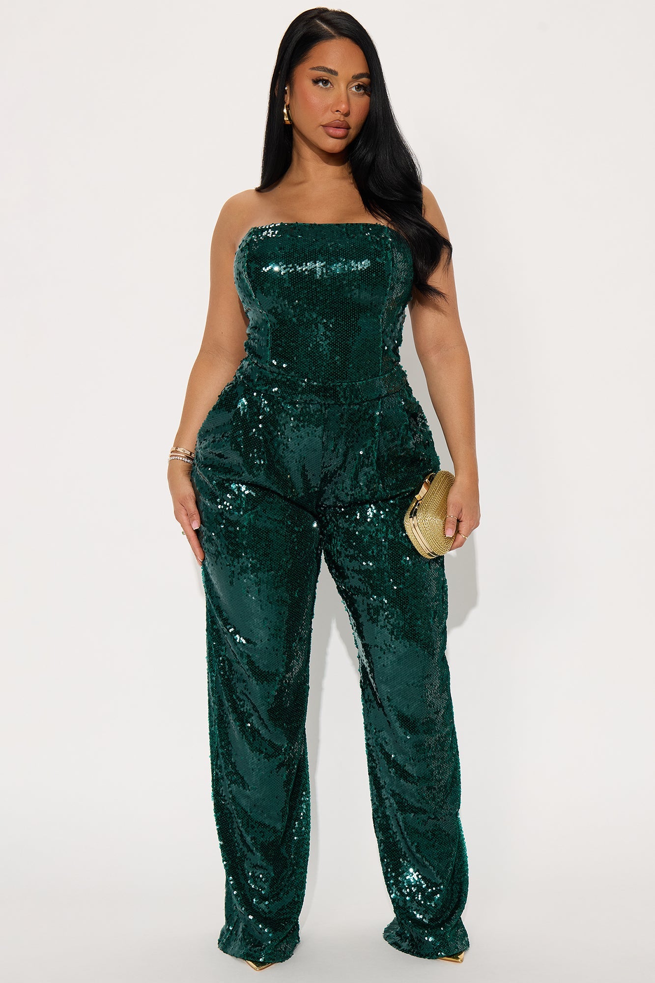 Lulu Sequin Strapless Wide Leg Jumpsuit - Emerald