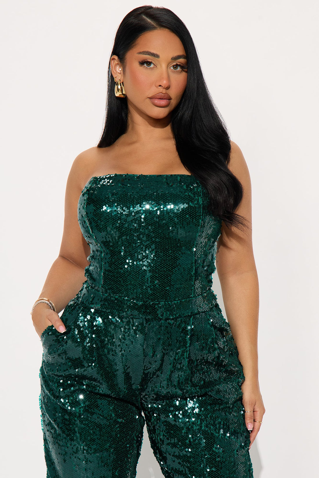 Lulu Sequin Strapless Wide Leg Jumpsuit - Emerald