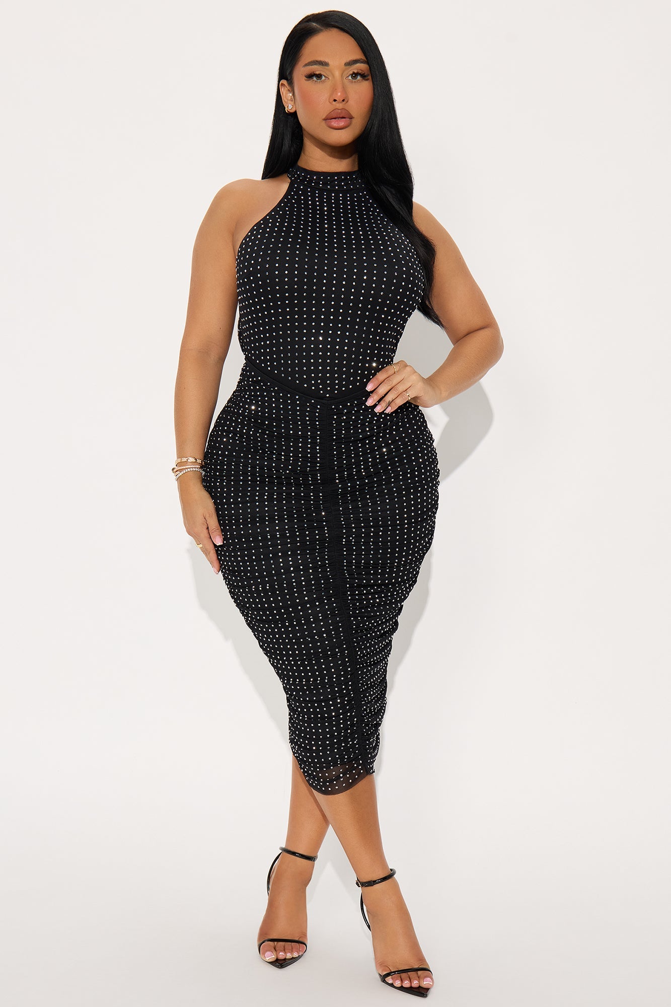 Bellarose Ruched Rhinestone Midi Dress - Black