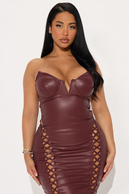Gwyn Lace Up Faux Leather Midi Dress - Burgundy