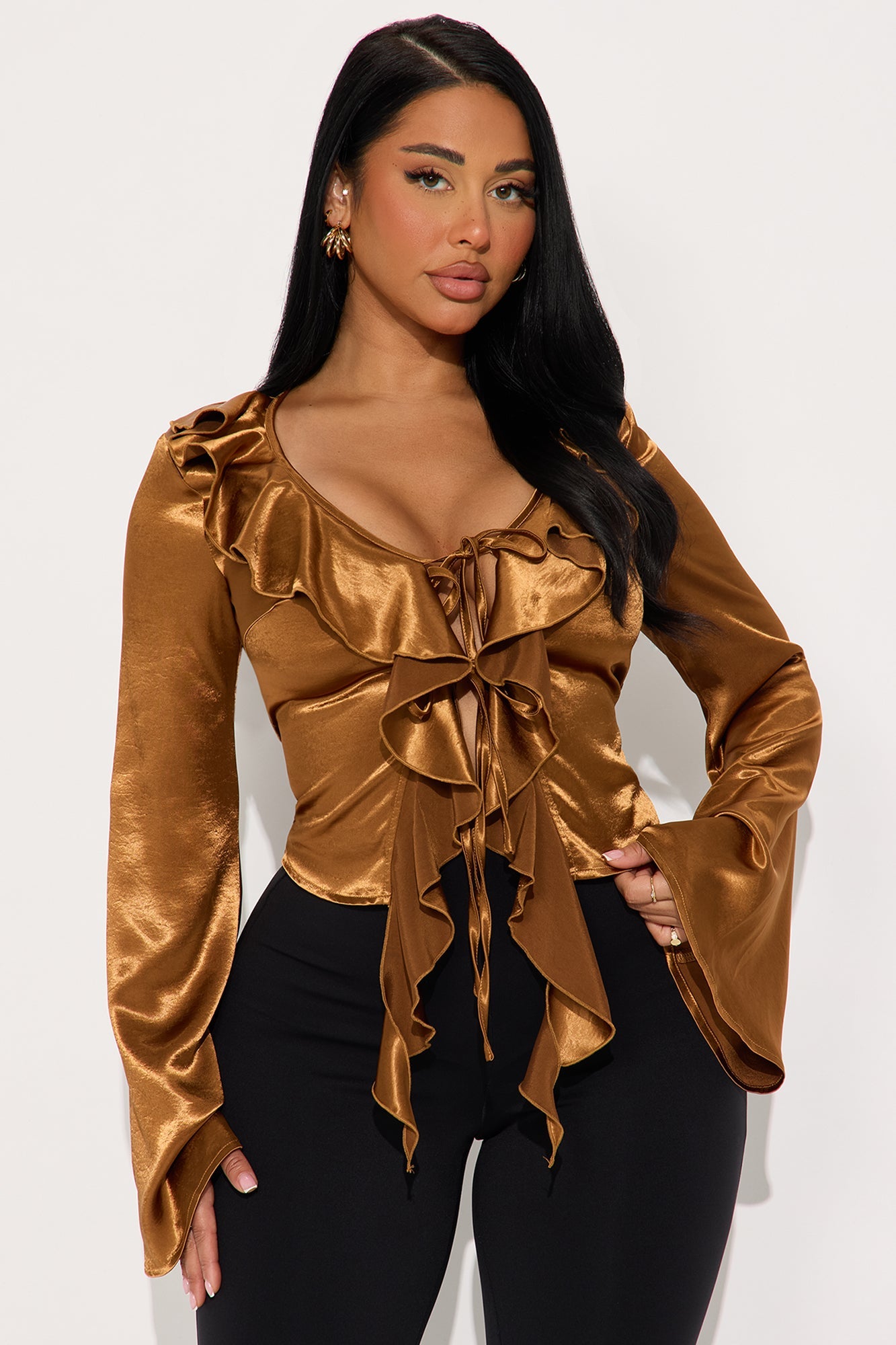 The More You Know Satin Flyaway Top - Brown