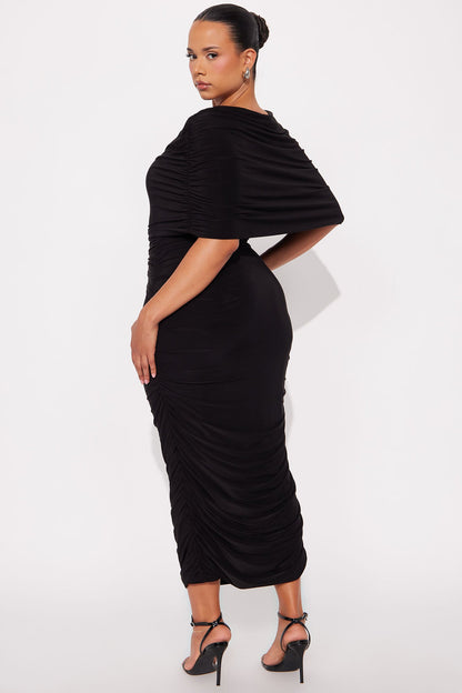 Faelynn Fold Over Midi Dress - Black