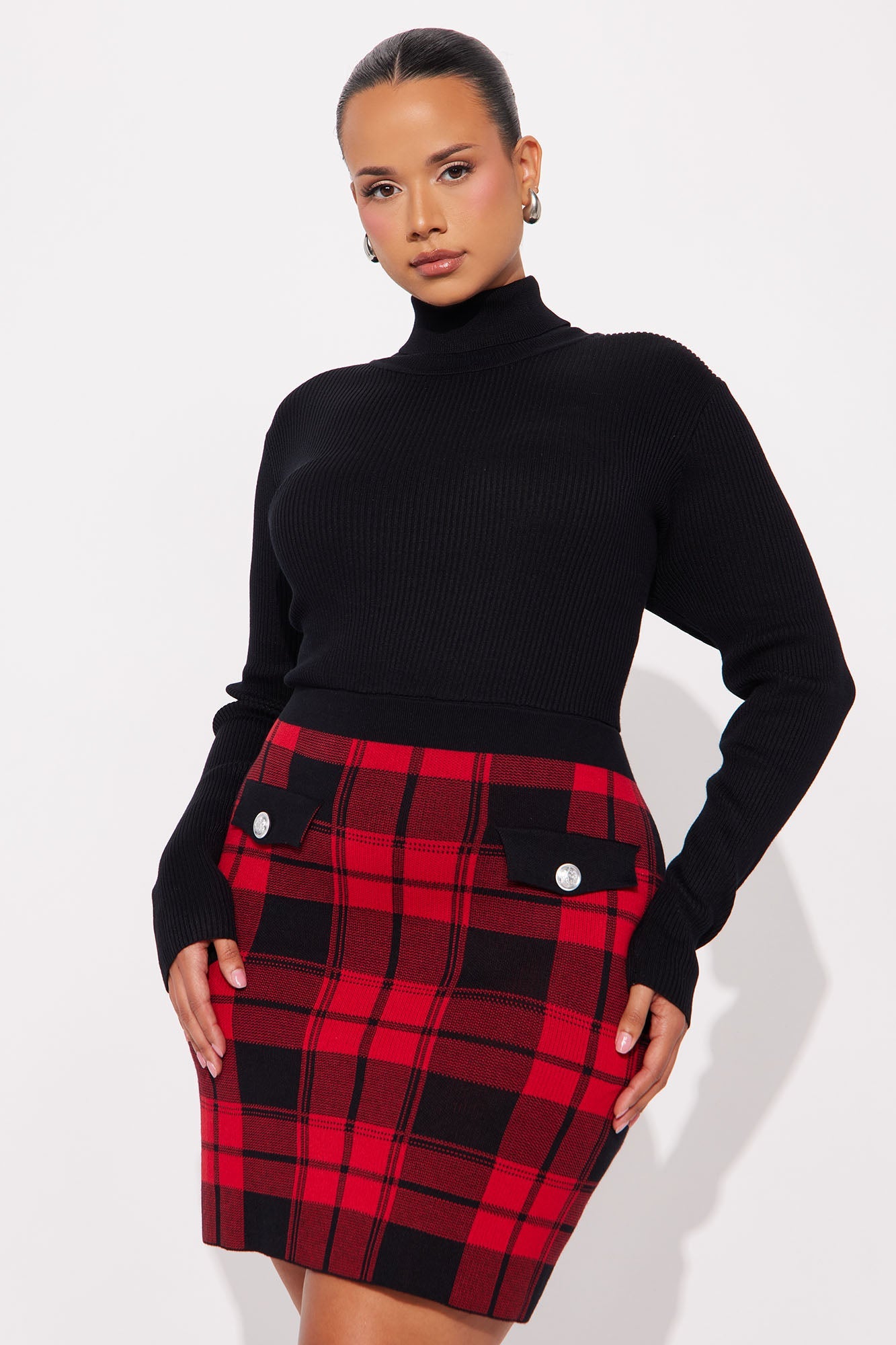 Tailored Taste Plaid Sweater Mini Dress - Red/combo