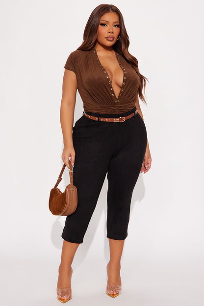 When In Nashville Faux Suede Bodysuit - Brown