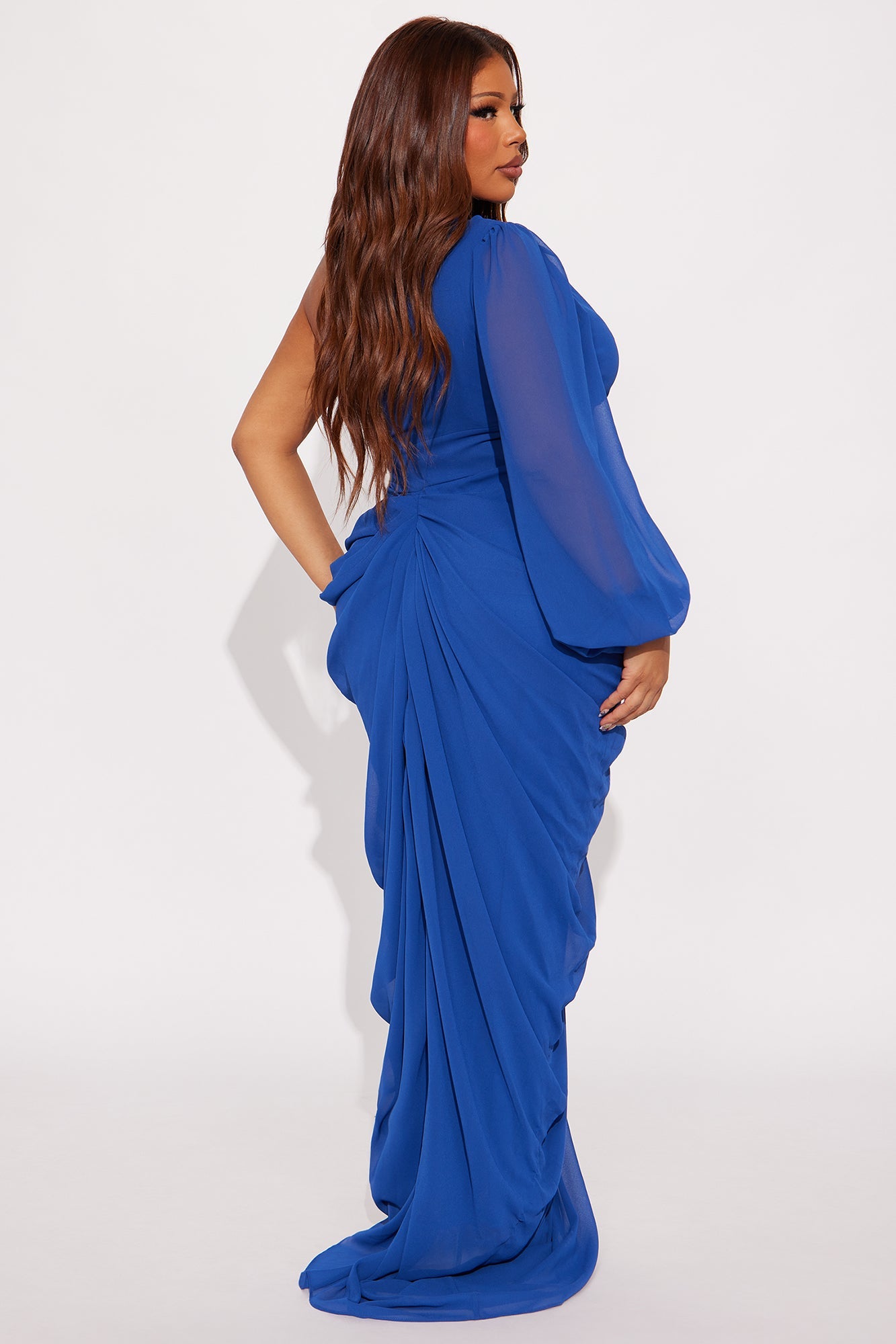 Leanne Chiffon Draped One Shoulder Maxi Dress - Royal
