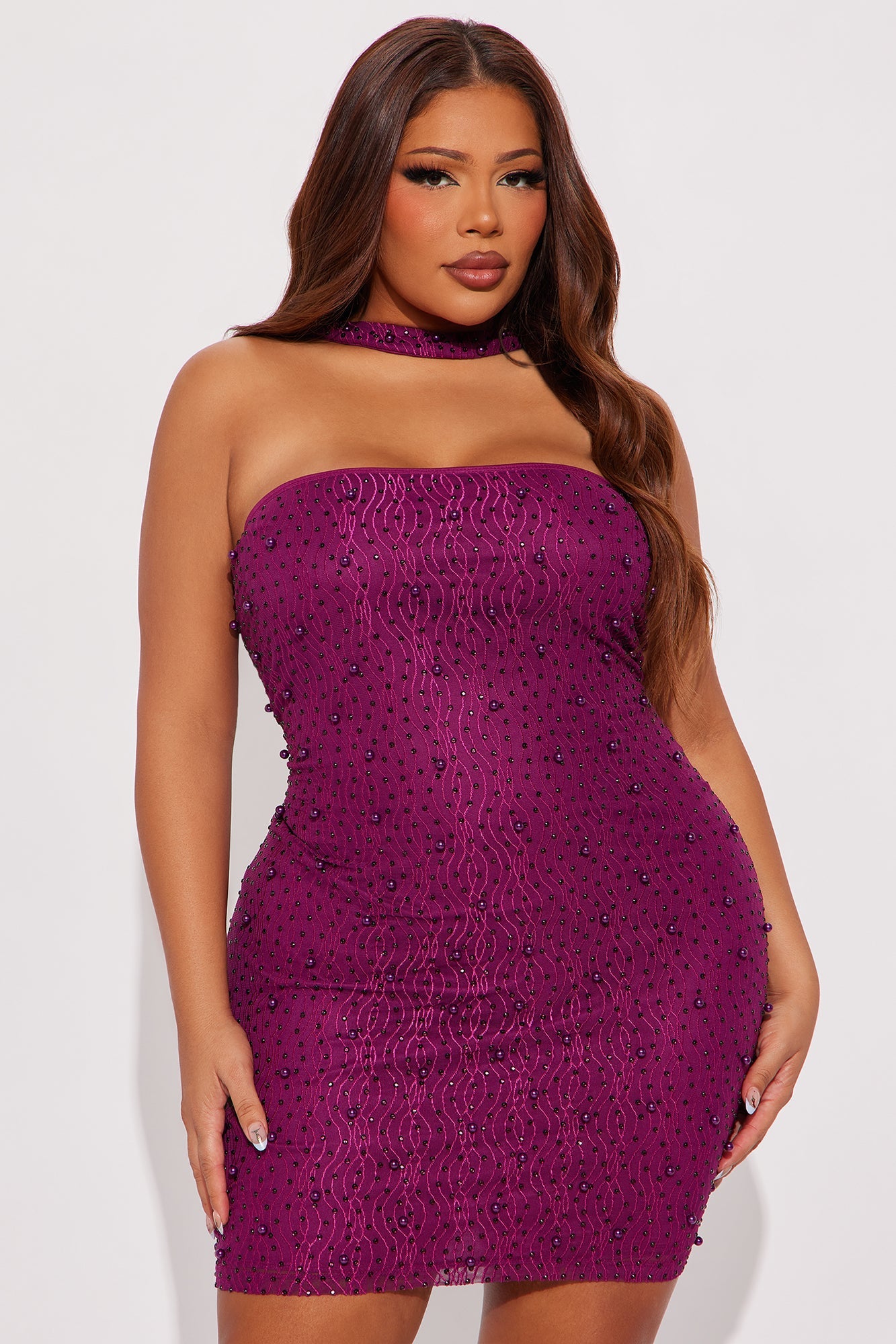 Kaia Embellished Mesh Mini Dress - Eggplant