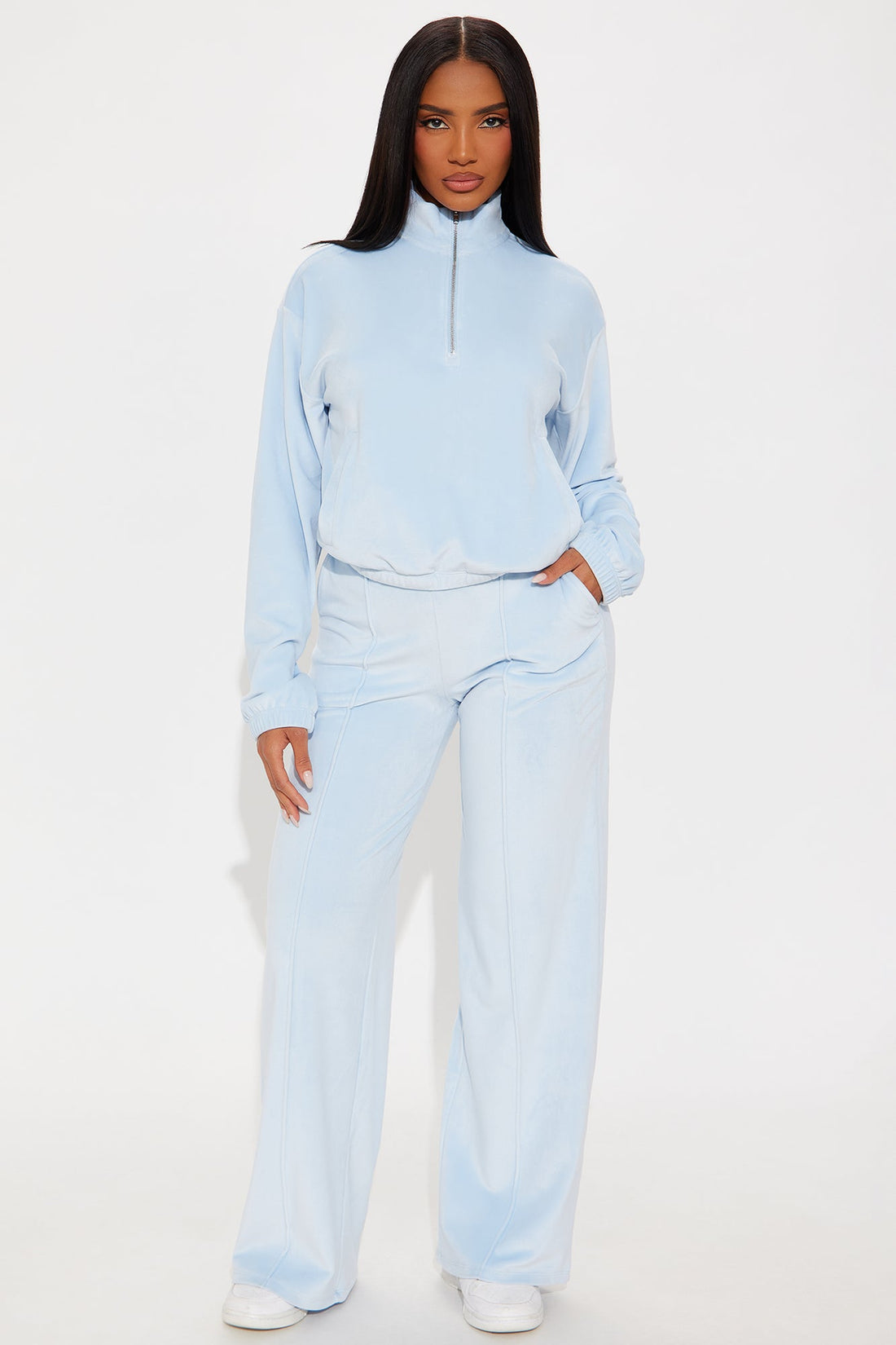 Pause For Now Quarter Zip Velour Pant Set - Light Blue