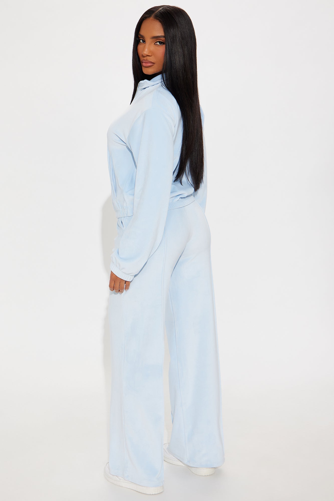 Pause For Now Quarter Zip Velour Pant Set - Light Blue