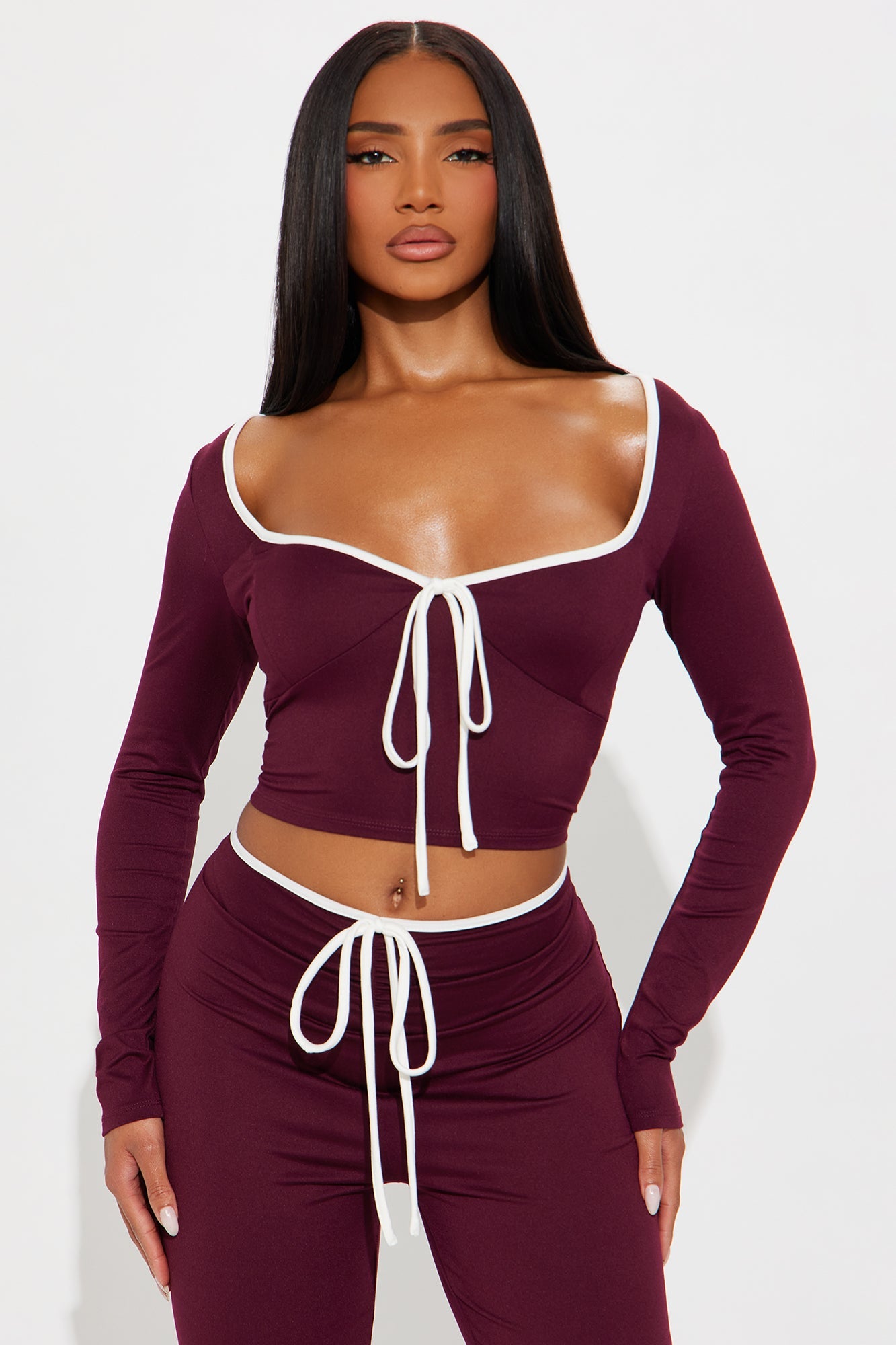 The Bow Era Long Sleeve Pant Set - Burgundy