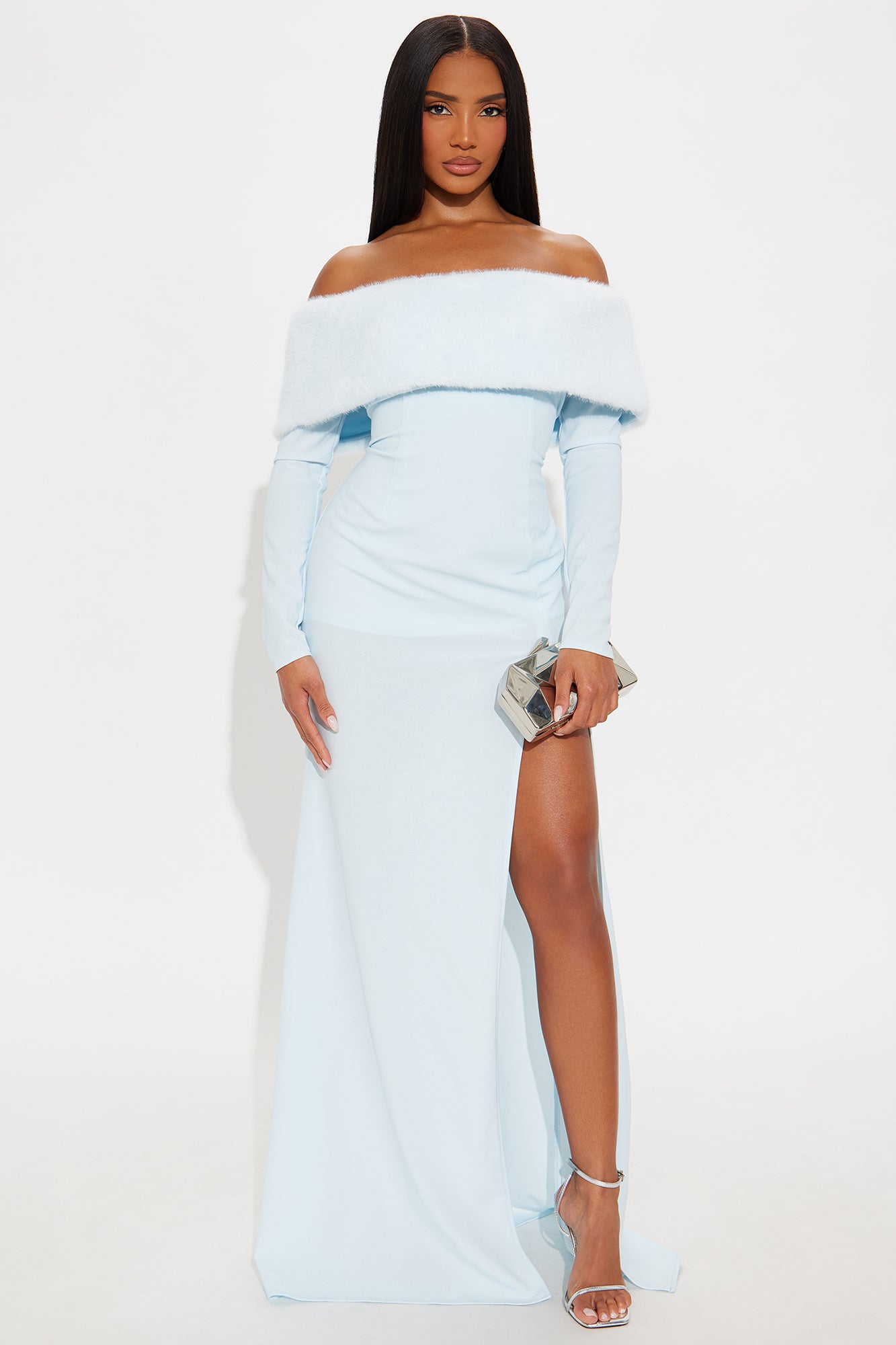Erin Off Shoulder Fur Maxi Dress - Light Blue