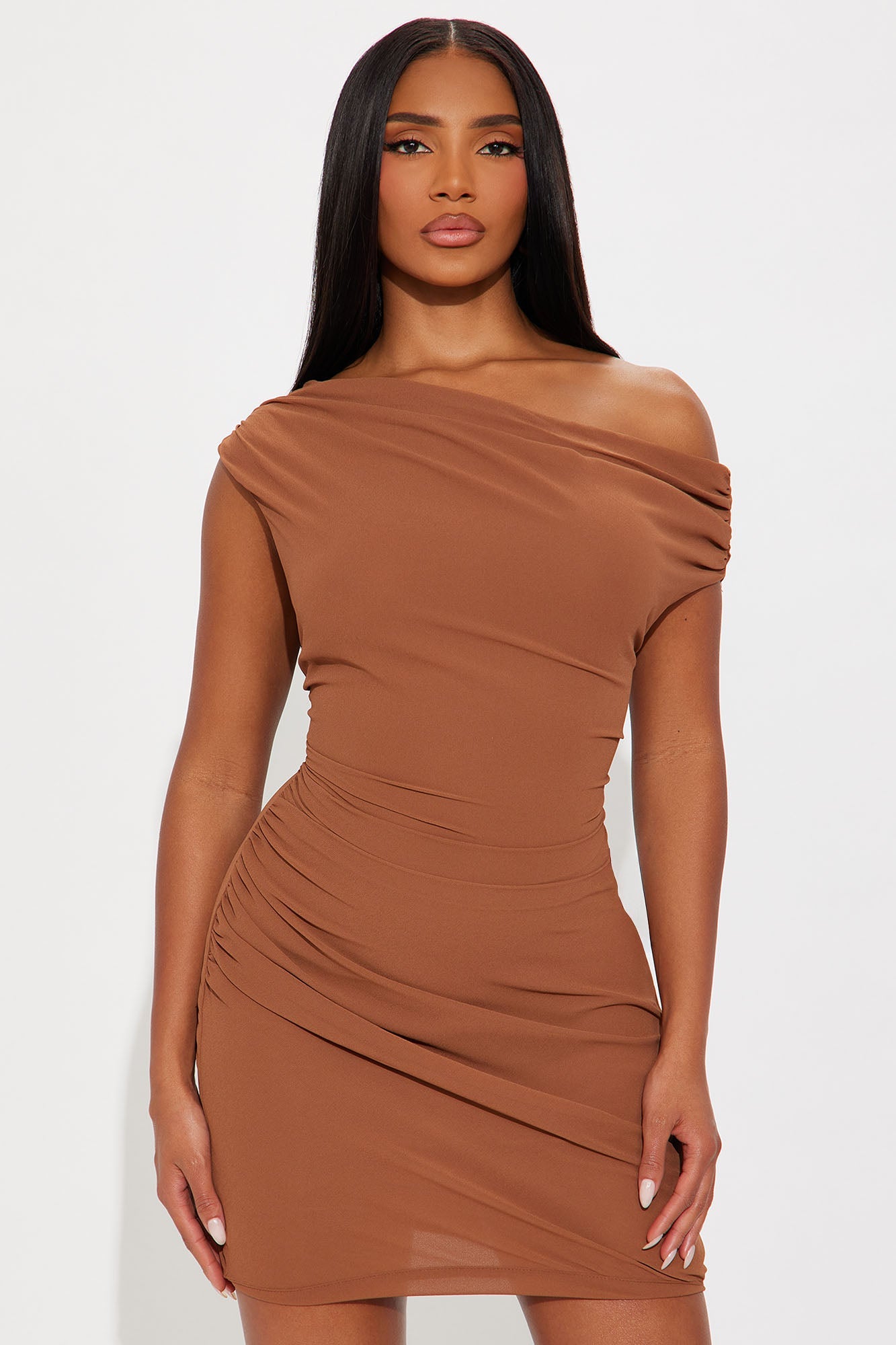 Clarissa One Shoulder Chiffon Mini Dress - Mocha