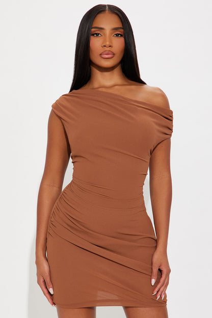 Clarissa One Shoulder Chiffon Mini Dress - Mocha