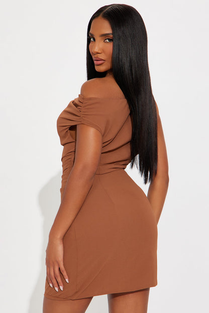 Clarissa One Shoulder Chiffon Mini Dress - Mocha