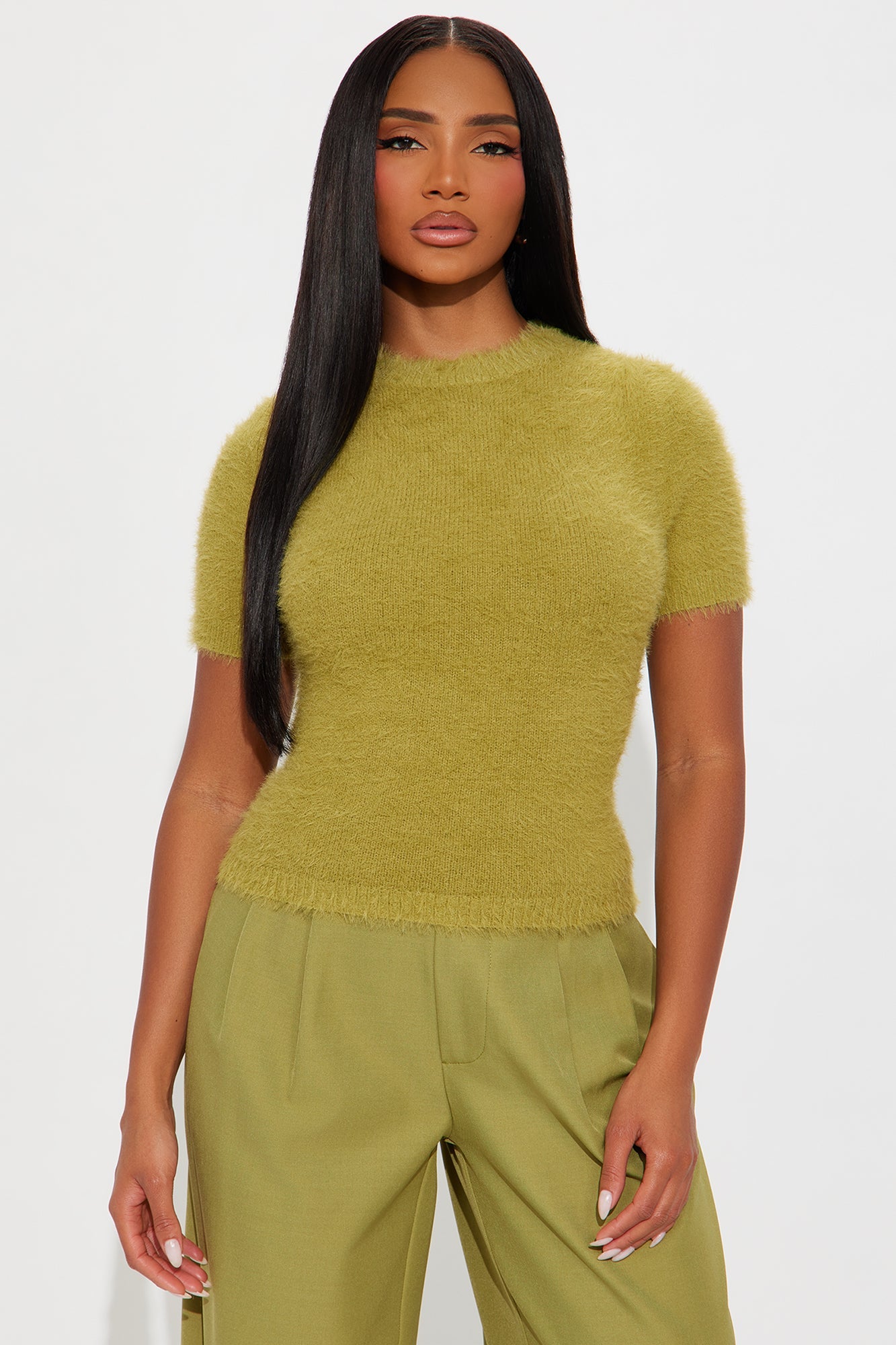 Softly Spoken Fuzzy Short Sleeve Sweater Top - Chartreuse