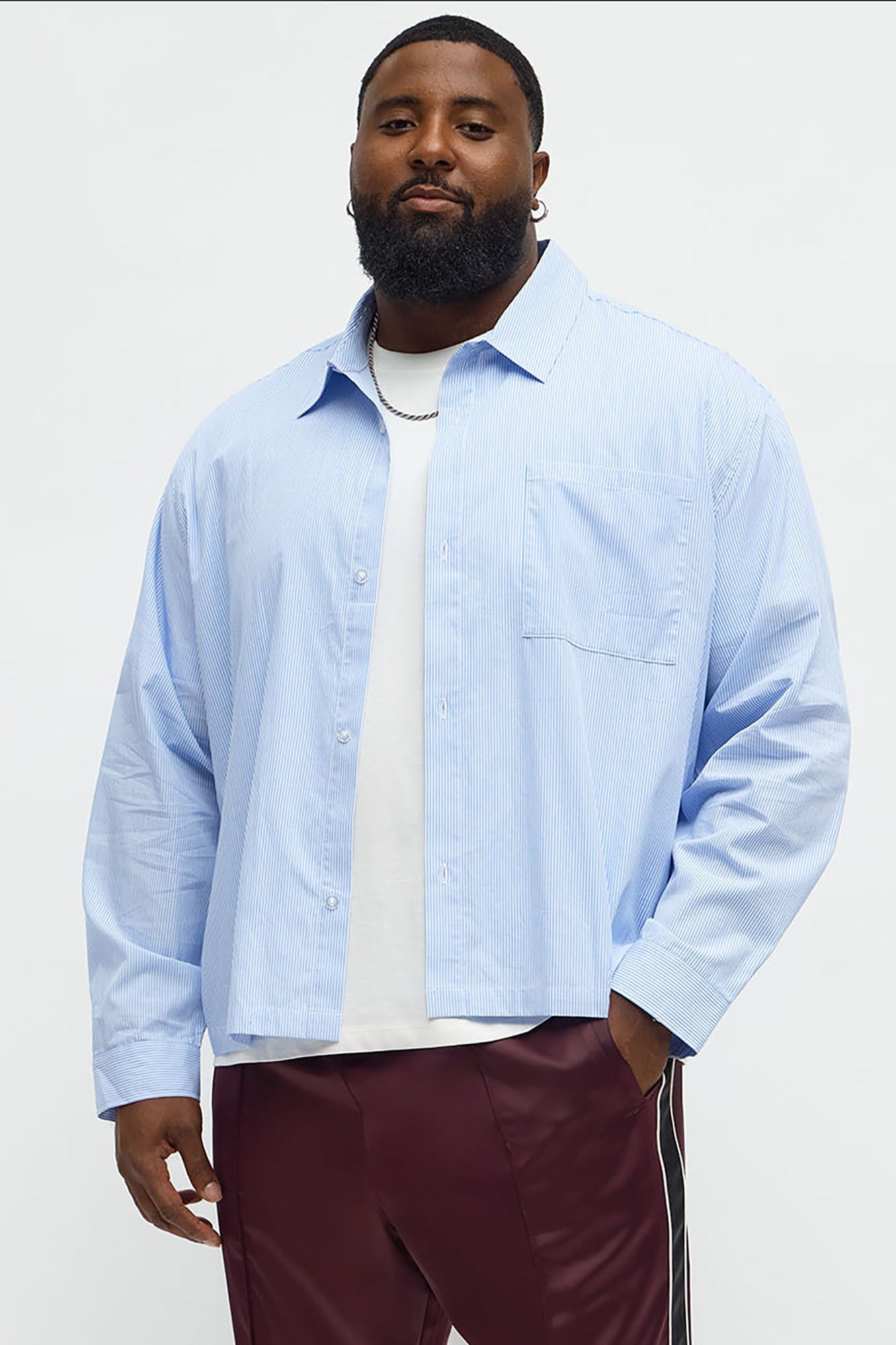Cropped Top Thingz Striped Long Sleeve Button Up Shirt - Blue