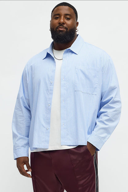 Cropped Top Thingz Striped Long Sleeve Button Up Shirt - Blue