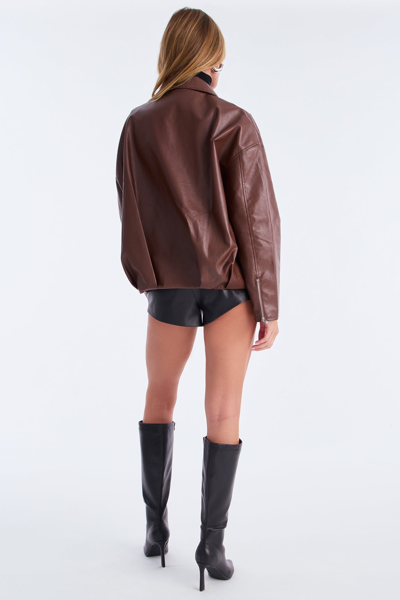 Skyline Belted Faux Leather Moto Jacket - Brown