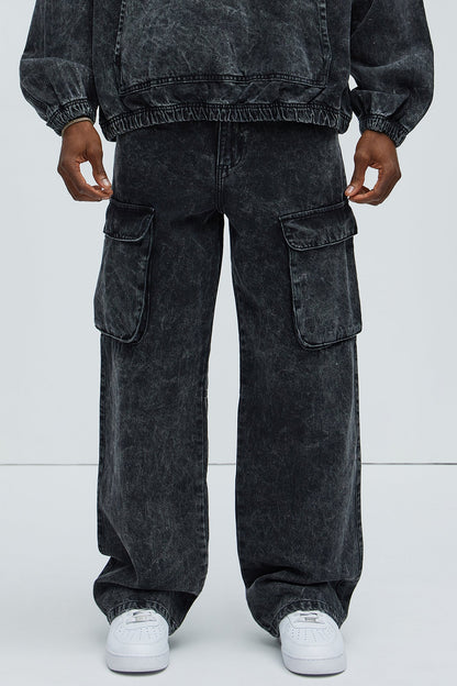 Baggy Clover Cargo Jeans - Black