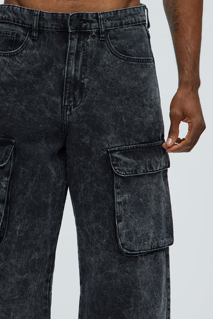 Baggy Clover Cargo Jeans - Black