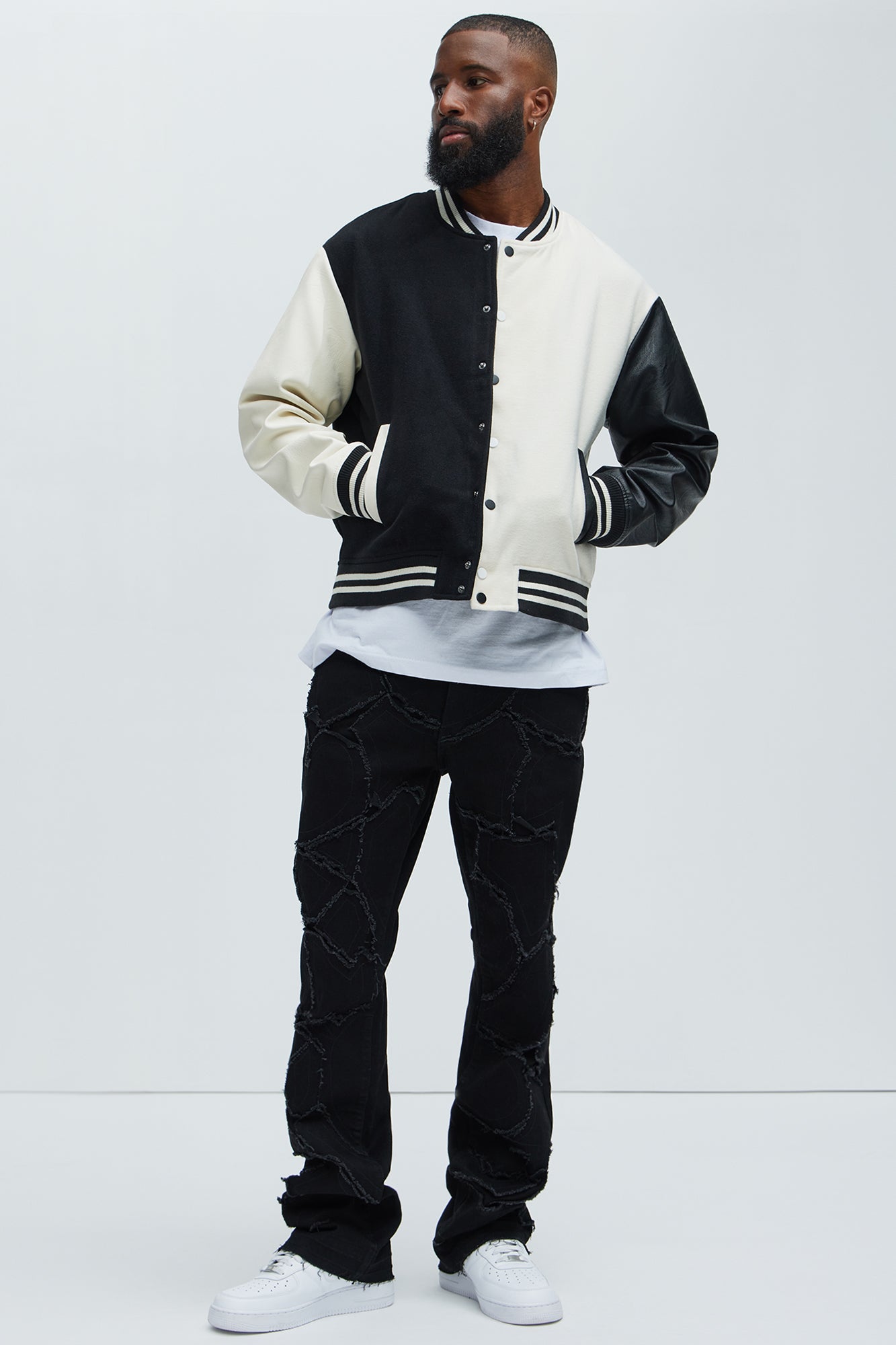 For The Books Faux Leather Sleeves Colorblock Varsity Jacket - Black/combo