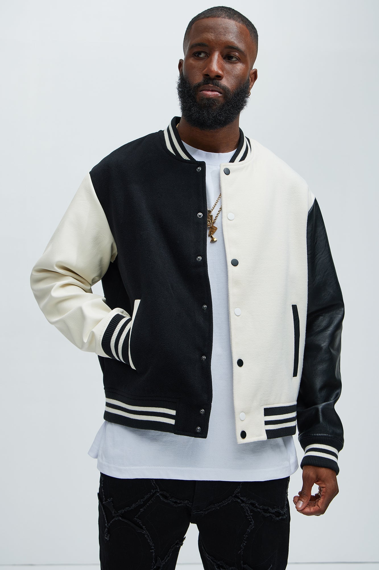 For The Books Faux Leather Sleeves Colorblock Varsity Jacket - Black/combo
