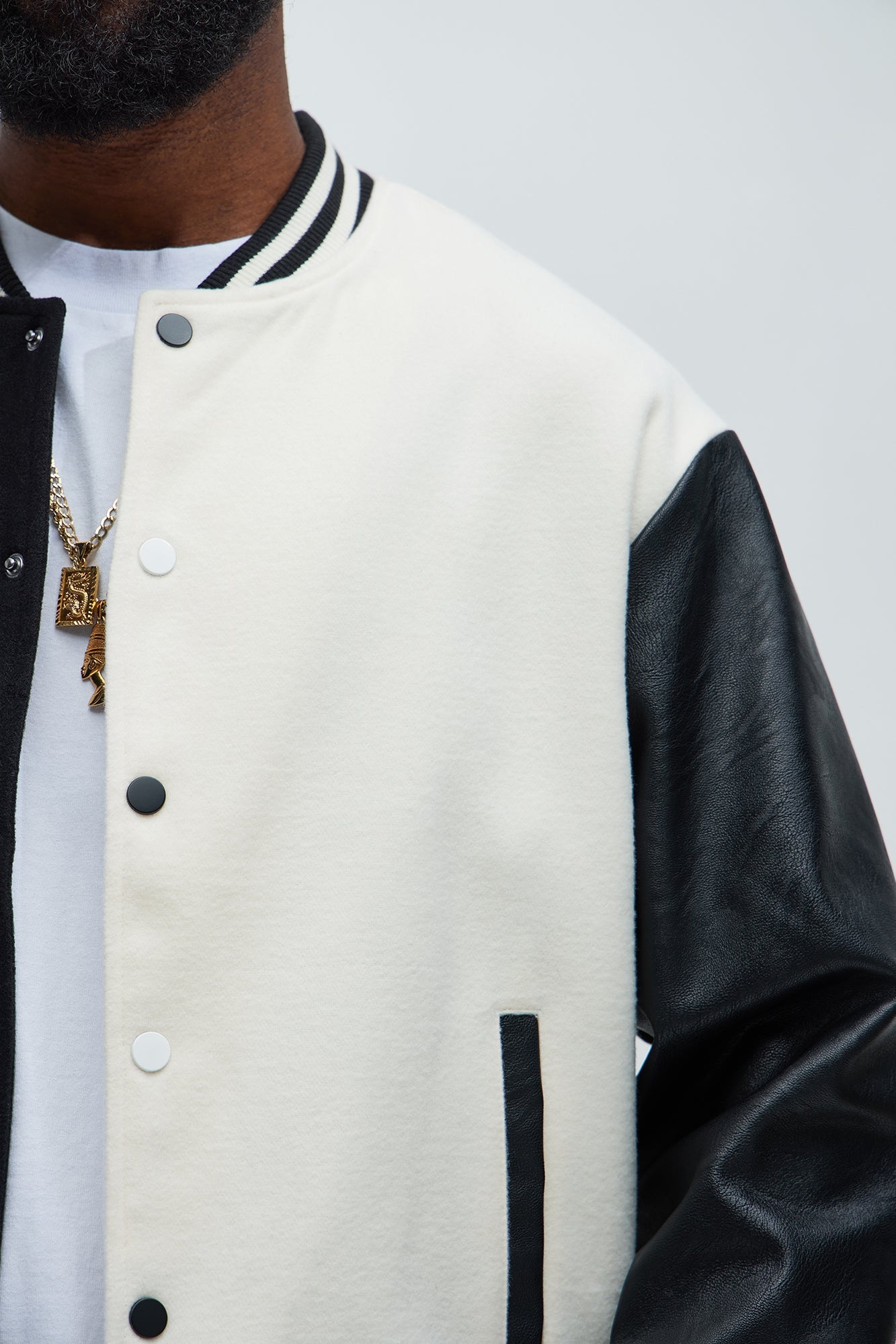 For The Books Faux Leather Sleeves Colorblock Varsity Jacket - Black/combo