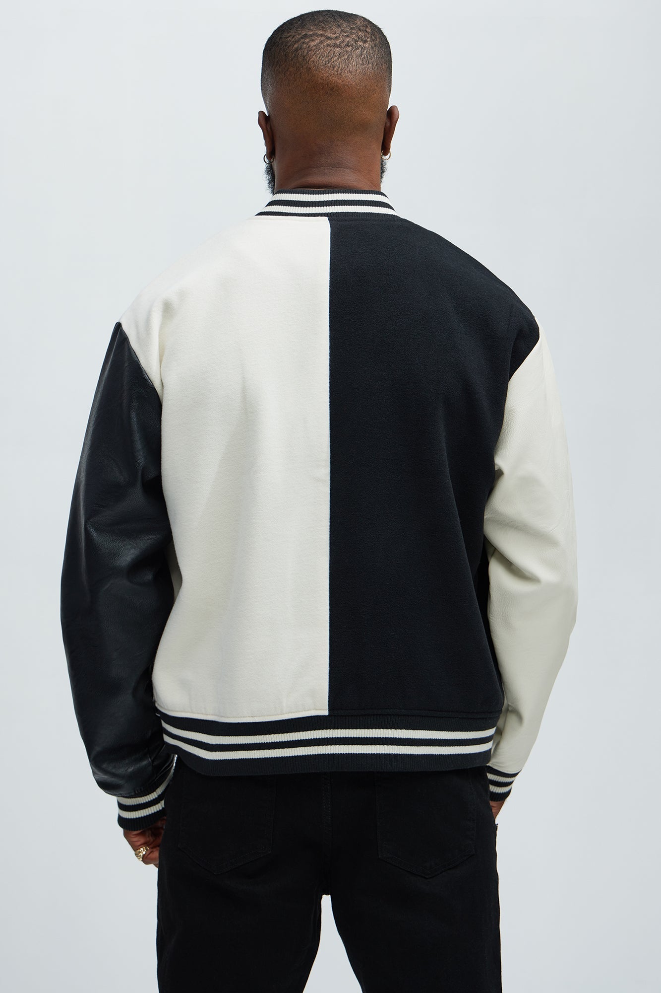 For The Books Faux Leather Sleeves Colorblock Varsity Jacket - Black/combo