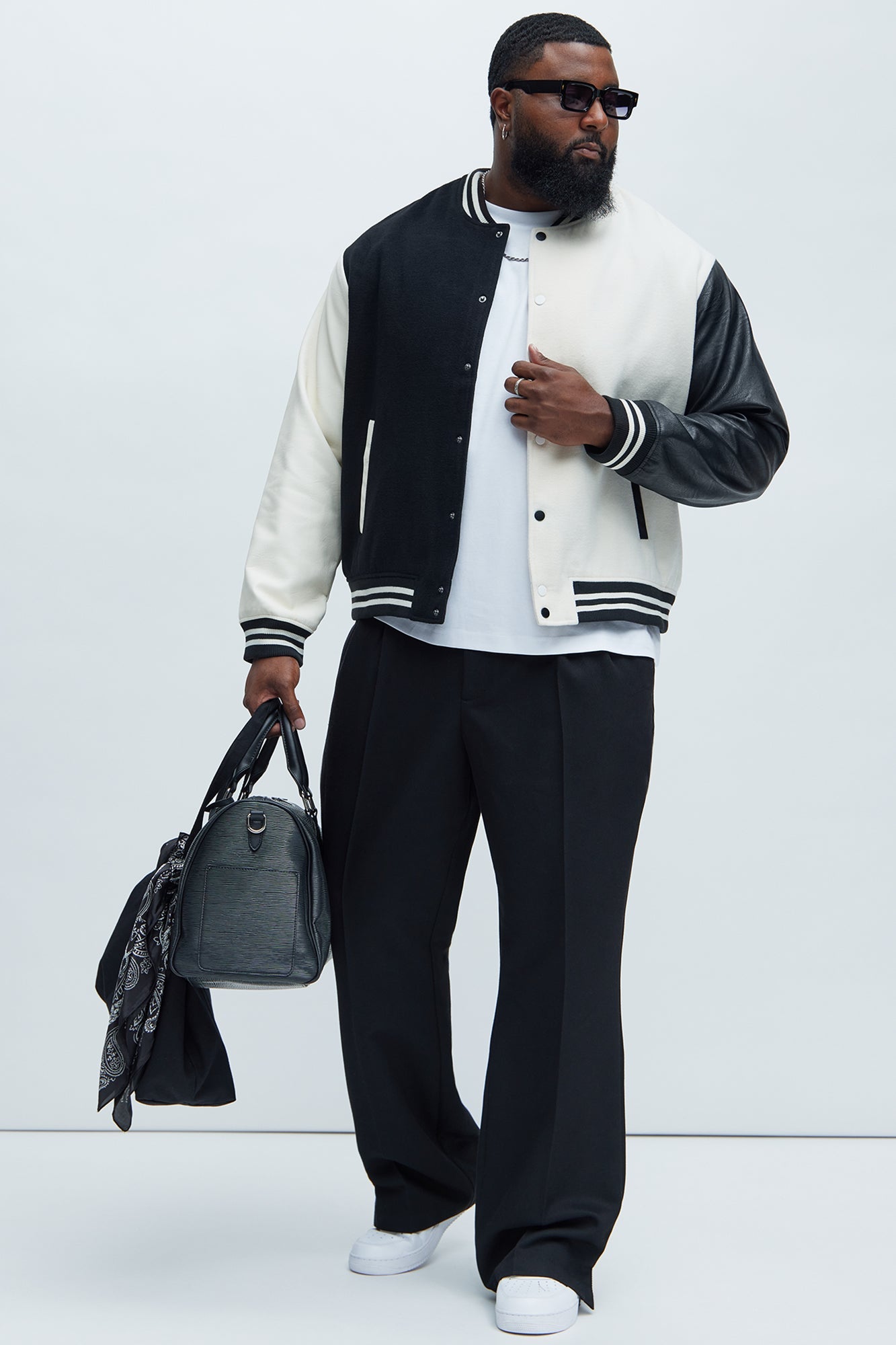 For The Books Faux Leather Sleeves Colorblock Varsity Jacket - Black/combo