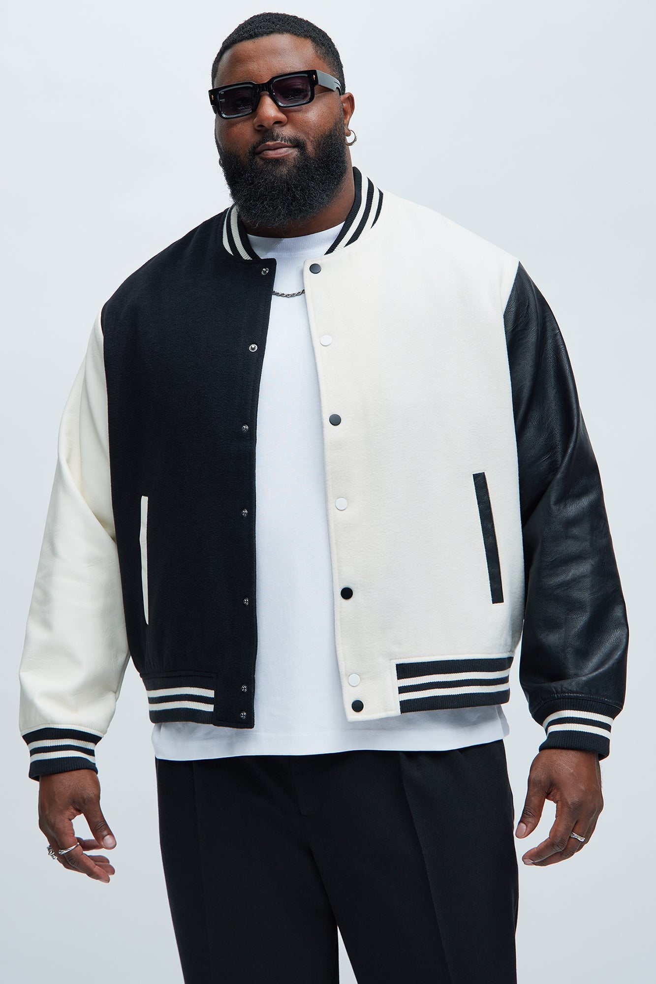 For The Books Faux Leather Sleeves Colorblock Varsity Jacket - Black/combo