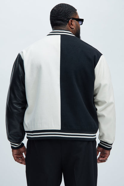 For The Books Faux Leather Sleeves Colorblock Varsity Jacket - Black/combo
