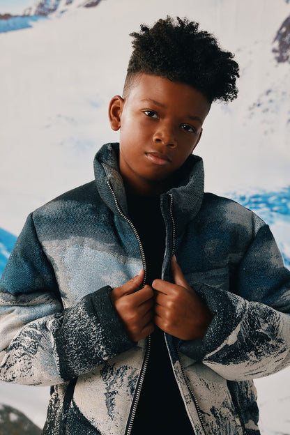 Mini Cabin Escape Tapestry Puffer Jacket - Navy