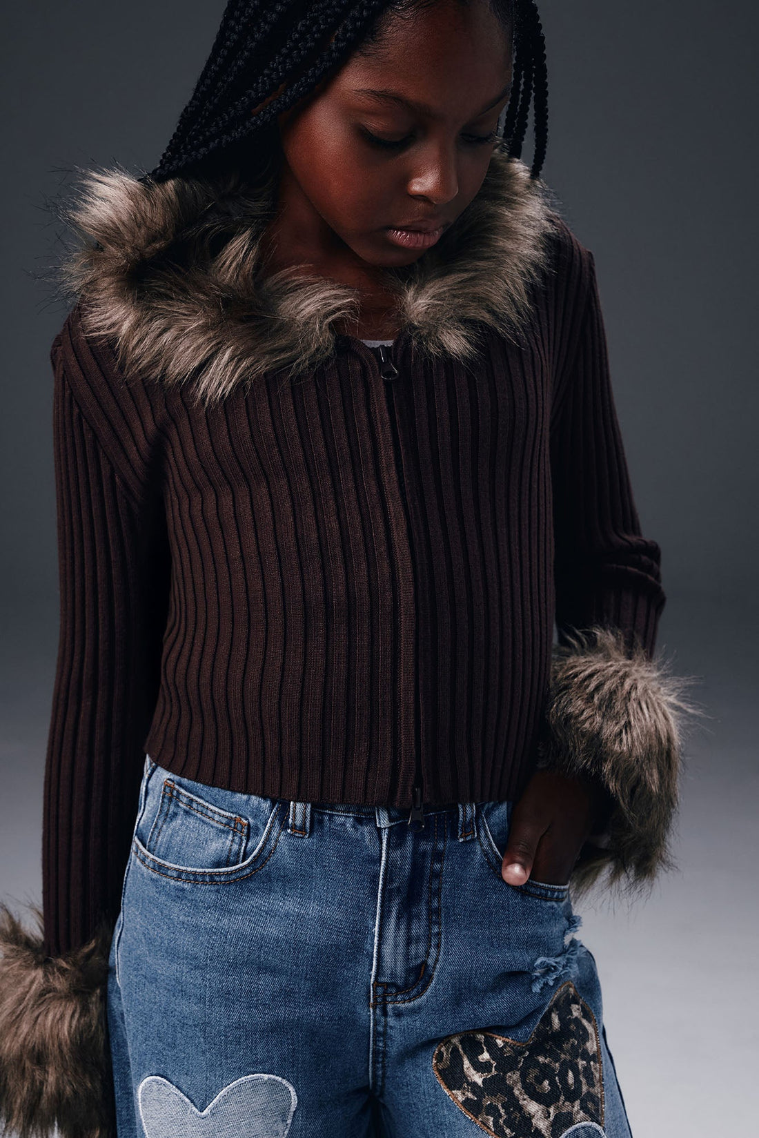 Mini Furever Feeling Faux Fur Cardigan - Chocolate/Combo