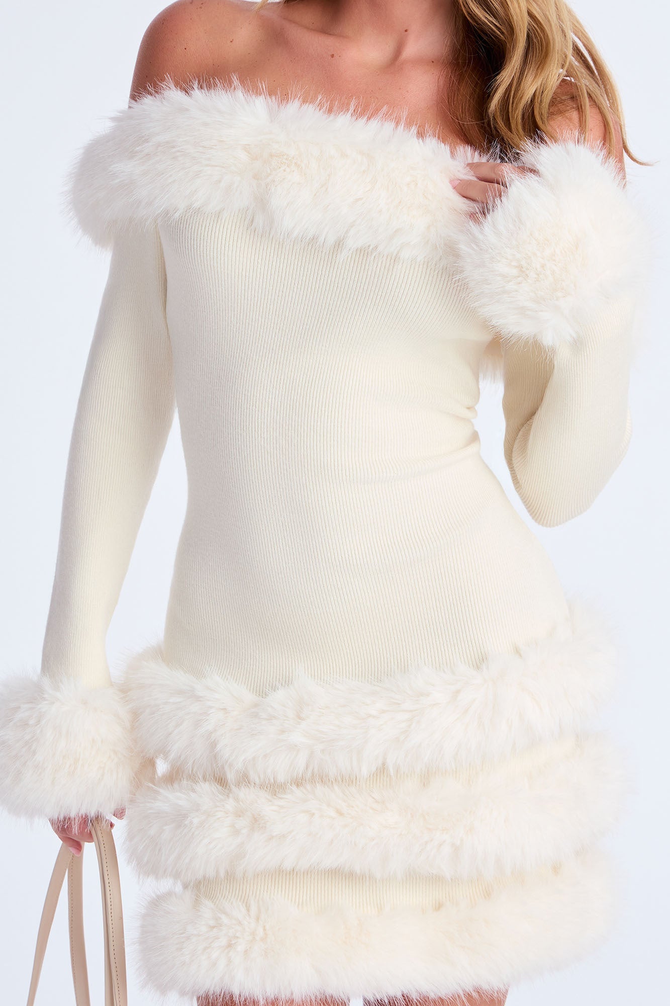 Cozy Feeling Fur Trim Mini Dress - Cream