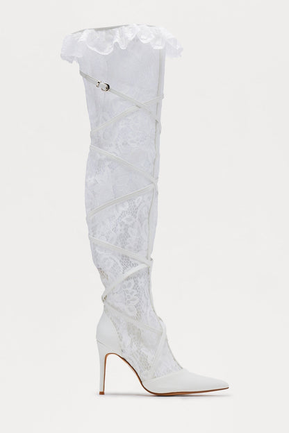 Presley Lace Thigh High Boots - White
