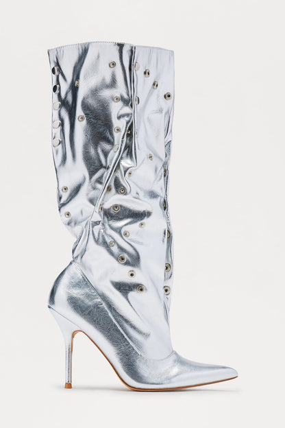 Trigger Grommet Stiletto Boots - Silver