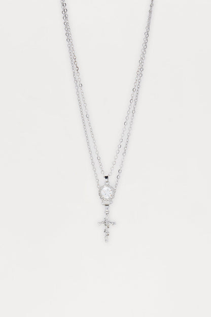 Stone Cross Amulet Necklace Set - Silver