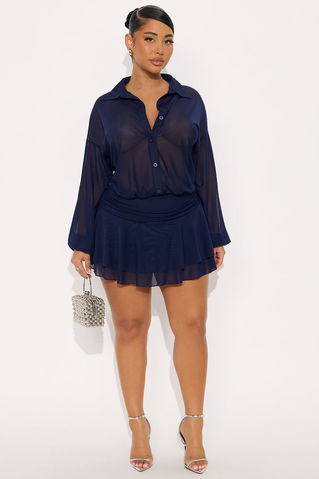 Bree Ruffle Mesh Mini Dress - Navy