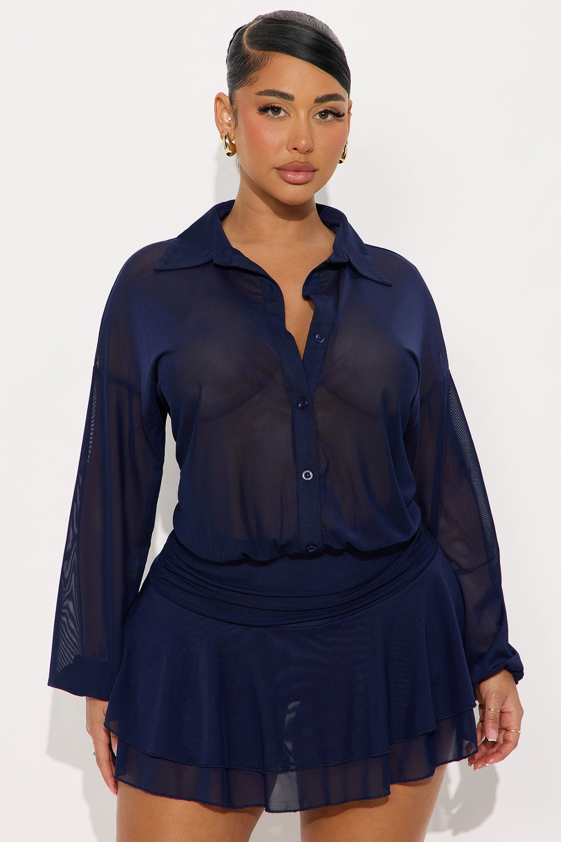Bree Ruffle Mesh Mini Dress - Navy
