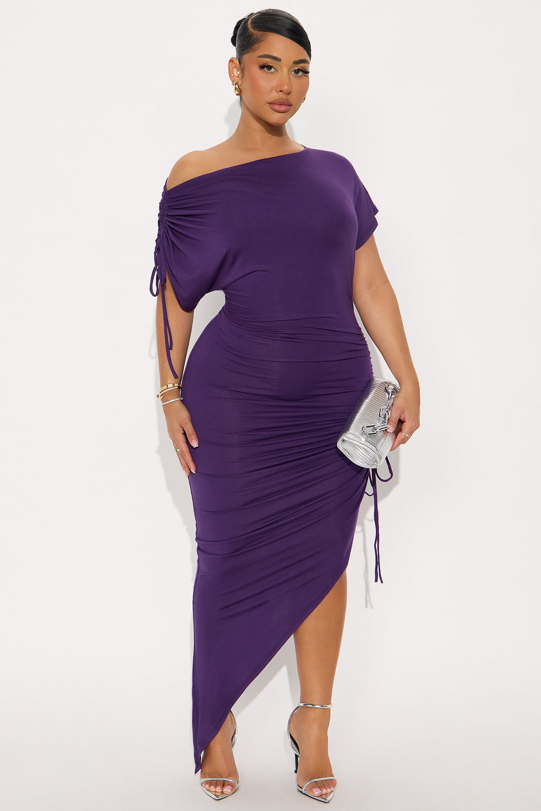 Kimberly Ruched Short Sleeve Dress - Eggplant