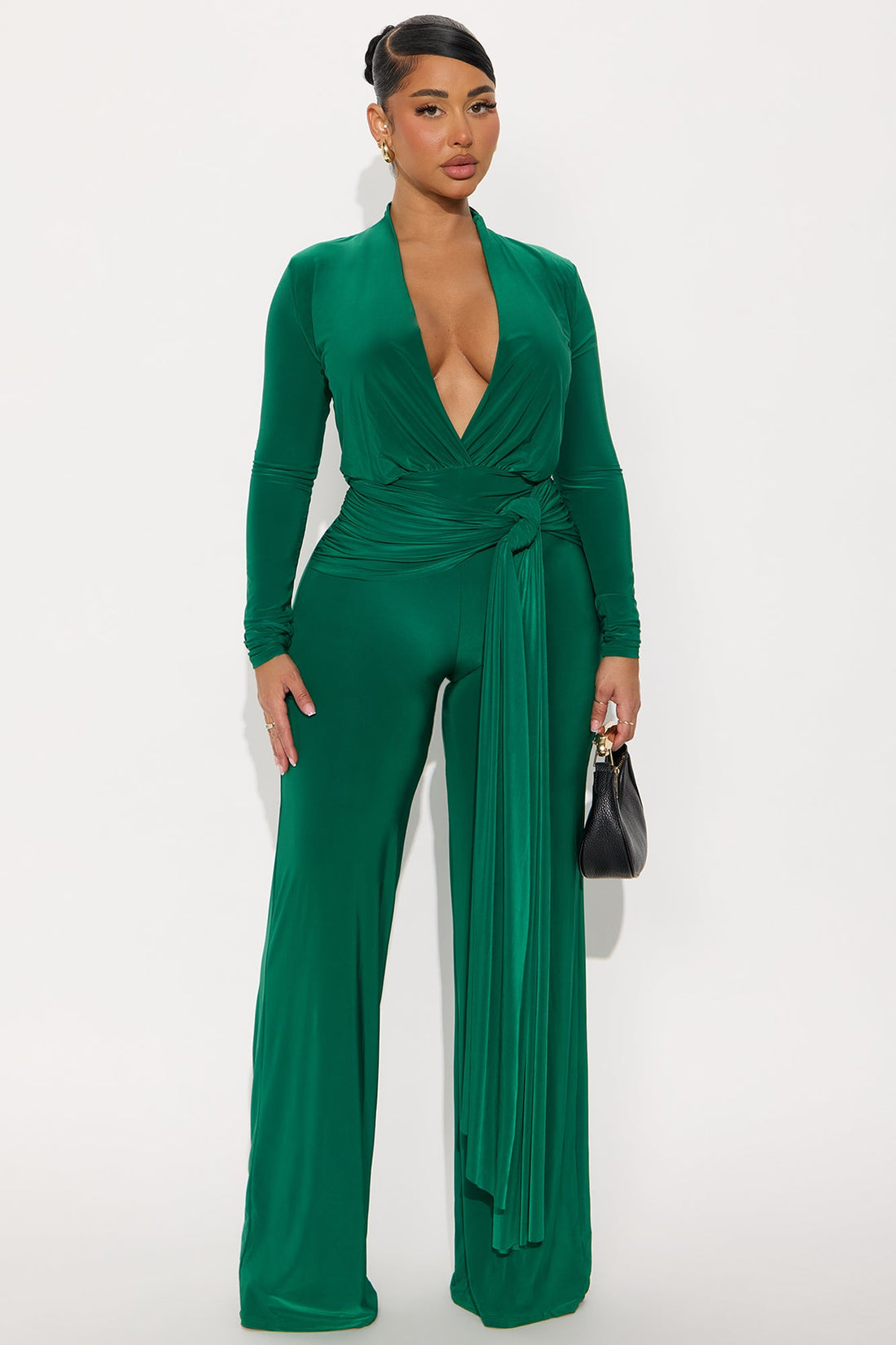 Vivienne Long Sleeve Wide Leg Jumpsuit - Hunter Green