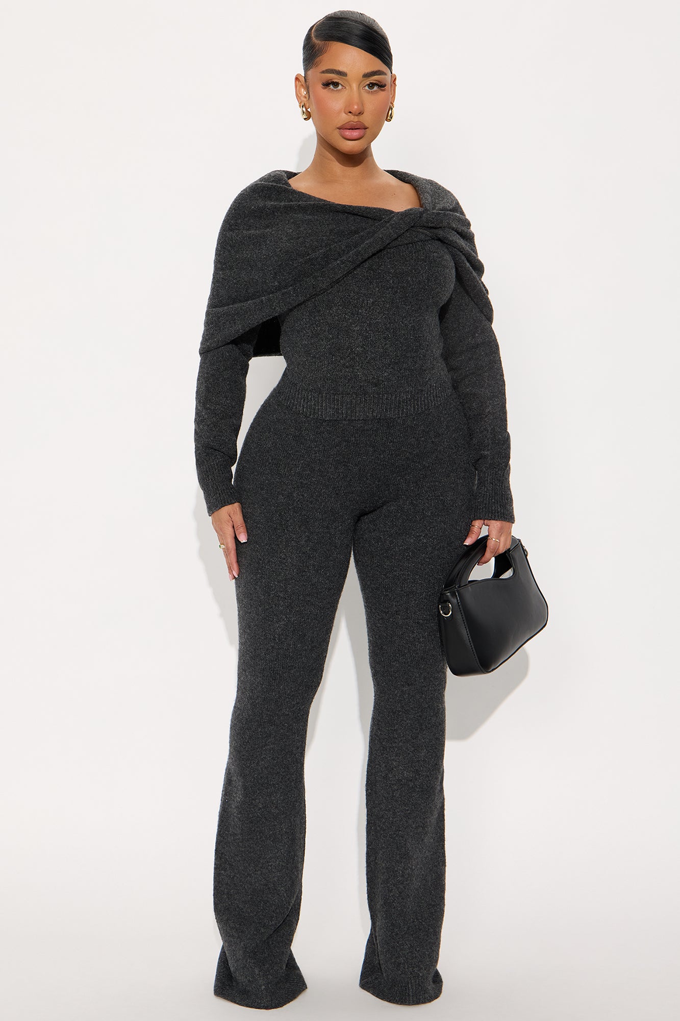 Carolina Off Shoulder Sweater Pant Set - Charcoal