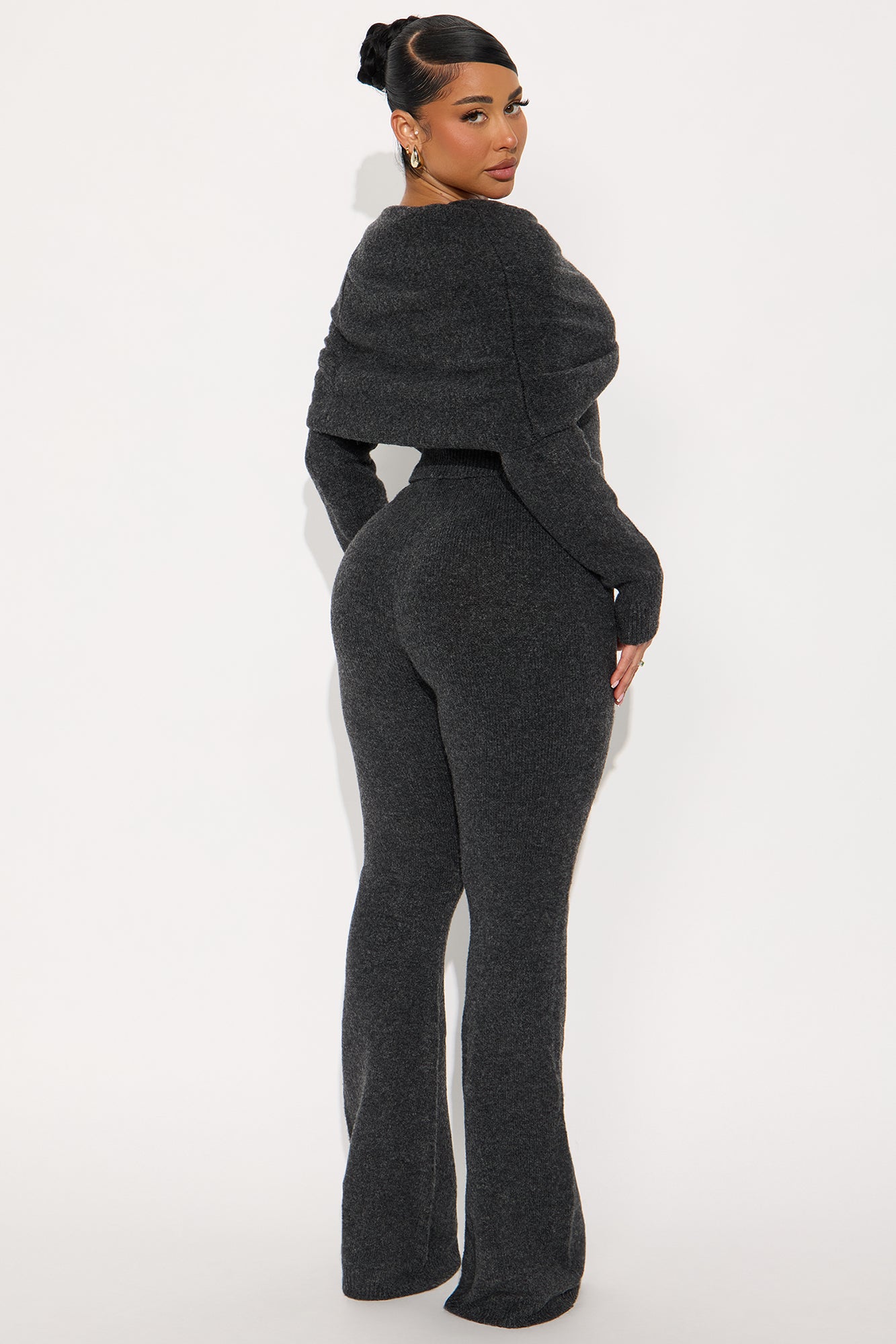 Carolina Off Shoulder Sweater Pant Set - Charcoal