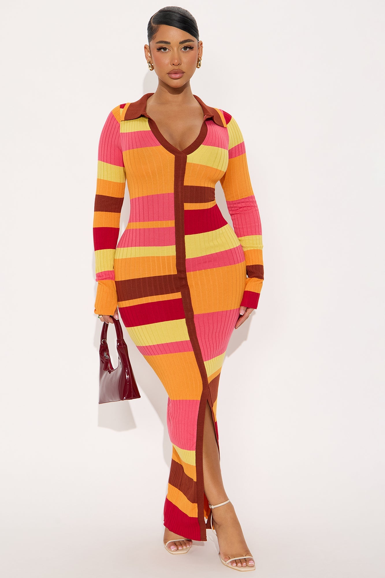Carol Long Sleeve Sweater Maxi Dress - Orange/combo